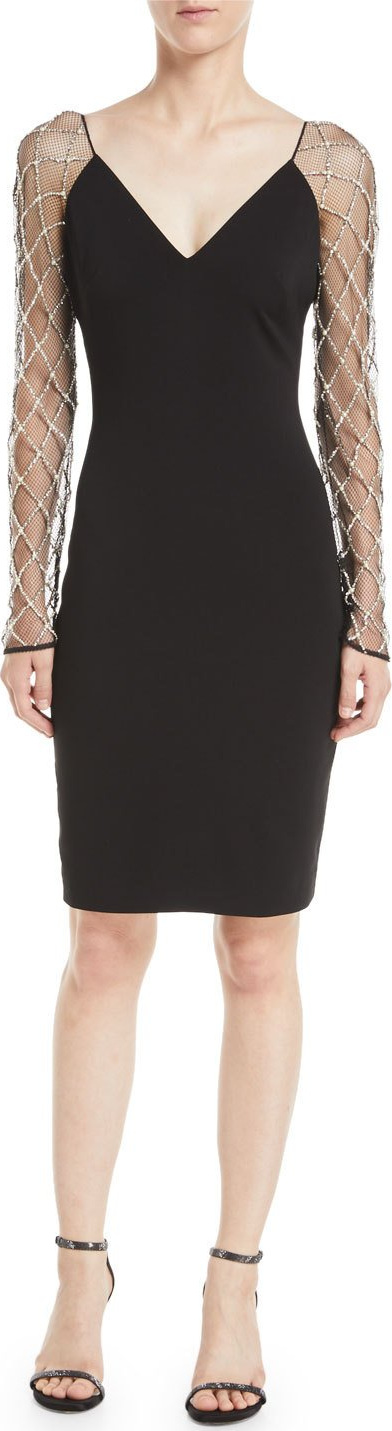 Badgley Mischka V-Neck Cocktail Dress w/ Beaded Long Sleeves