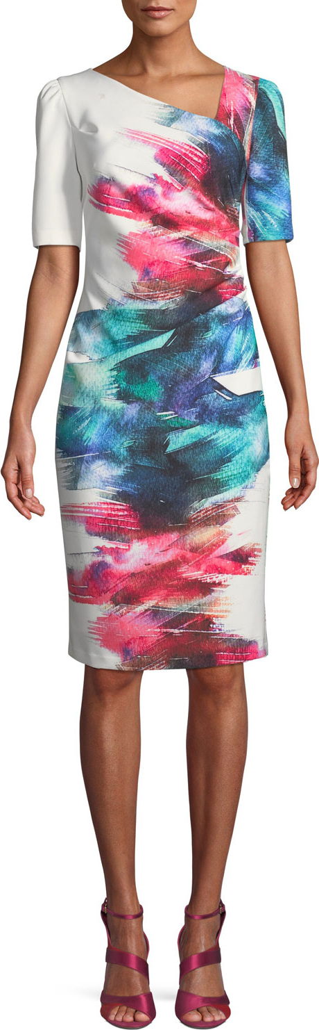 Rickie Freeman for Teri Jon Watercolor Scuba Sheath Cocktail Dress