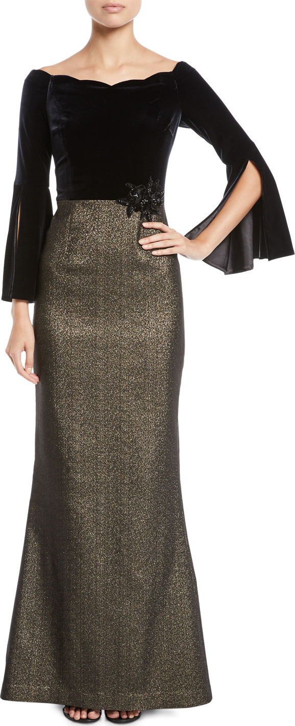 Rickie Freeman for Teri Jon Velvet Bell-Sleeve Gown w/ Metallic Skirt