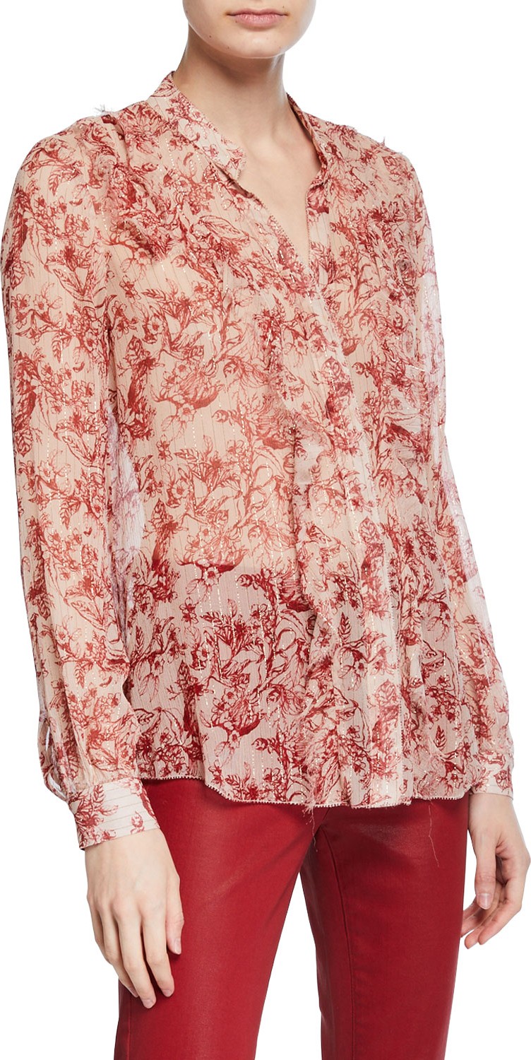 L'AGENCE Nadine Printed Metallic Ruffle Top