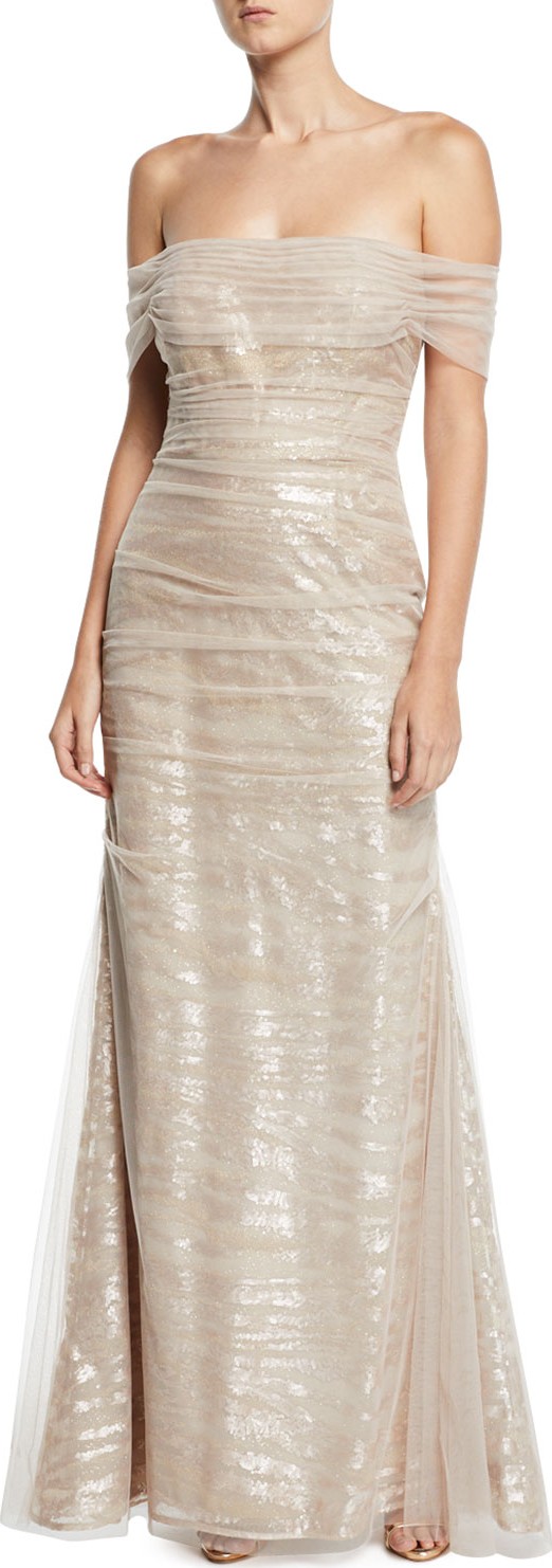 Rickie Freeman for Teri Jon Off-the-Shoulder Tulle Gown w/ Sequin Embroidery