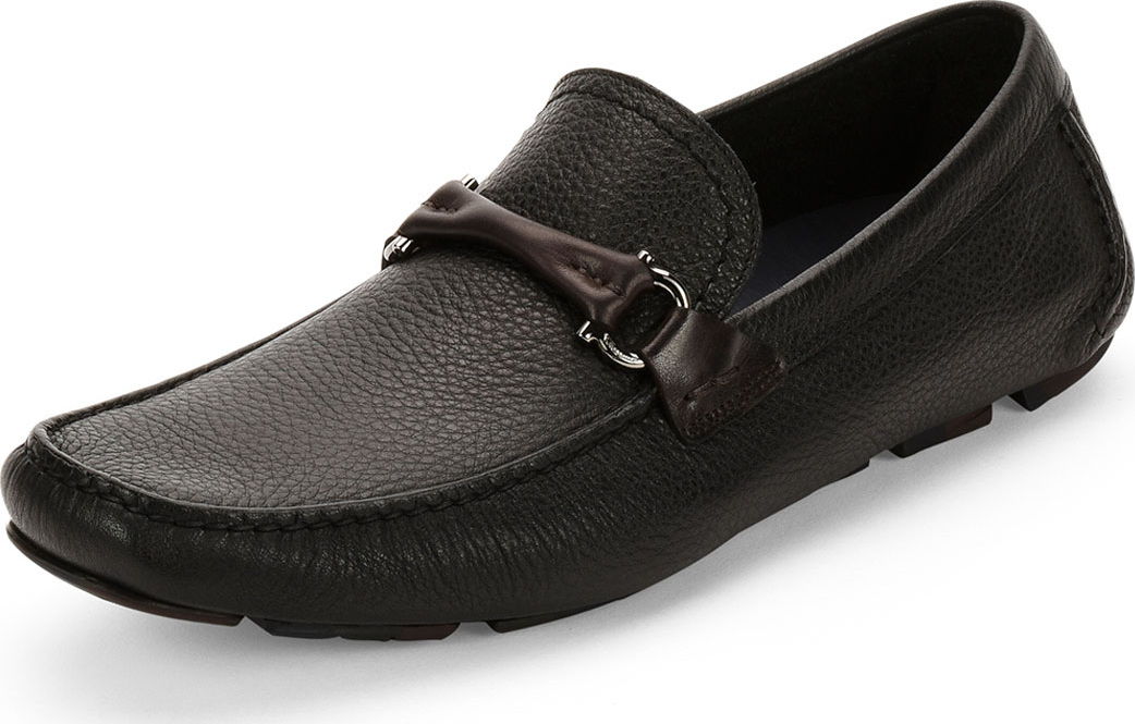 Salvatore Ferragamo Men's Textured Calfskin Gancini Driver, Black/Brown