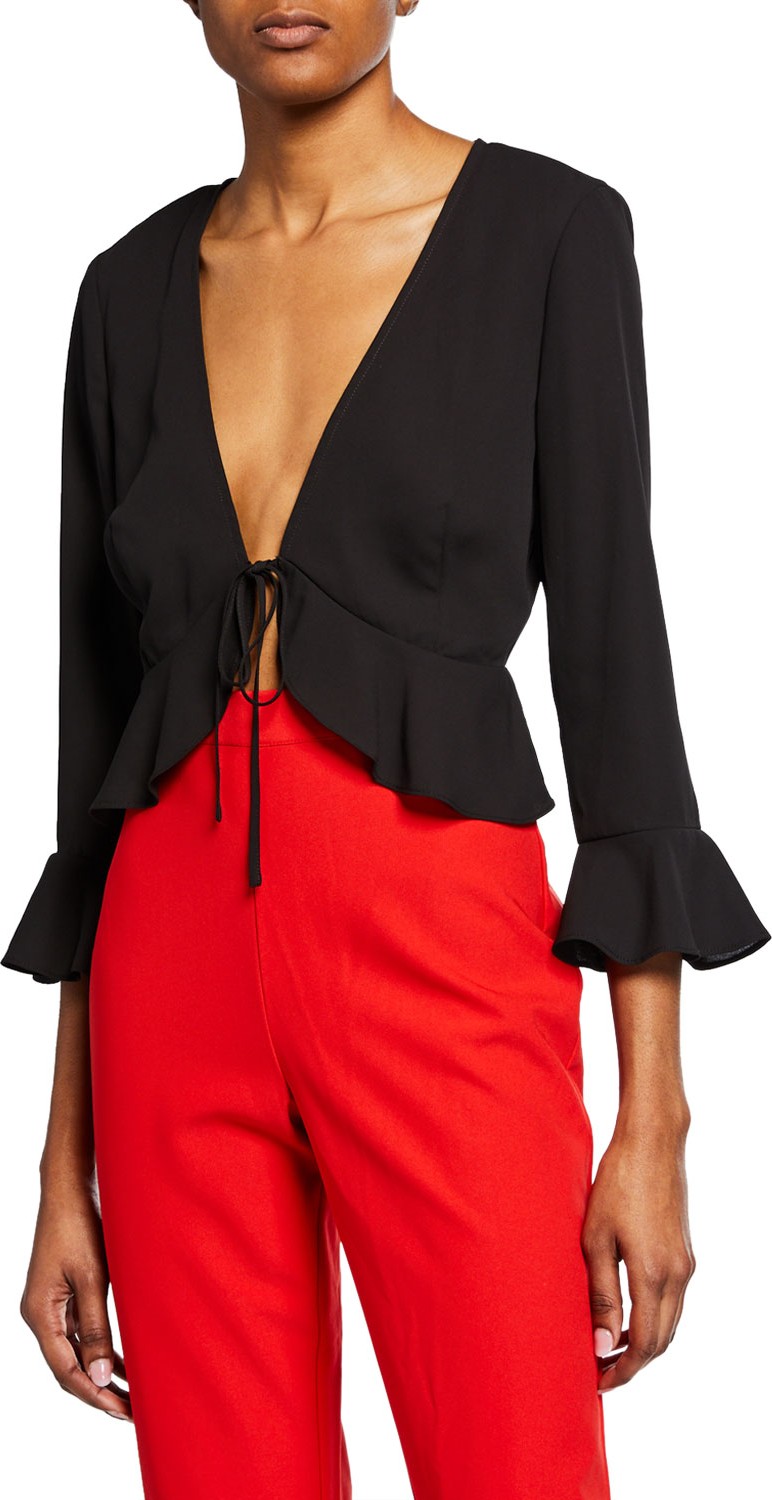 Bardot V-Neck Tie-Front Ruffle Blouse
