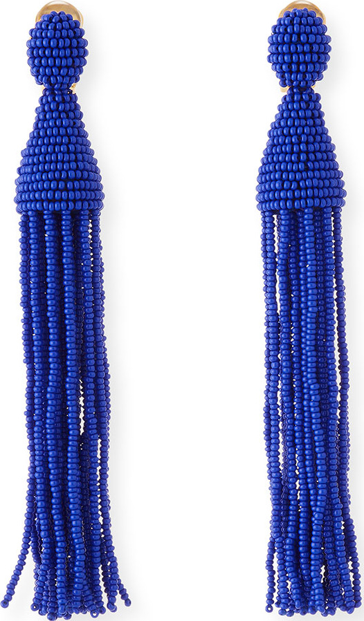Oscar De La Renta Long Beaded Tassel Clip-On Earrings, Blue