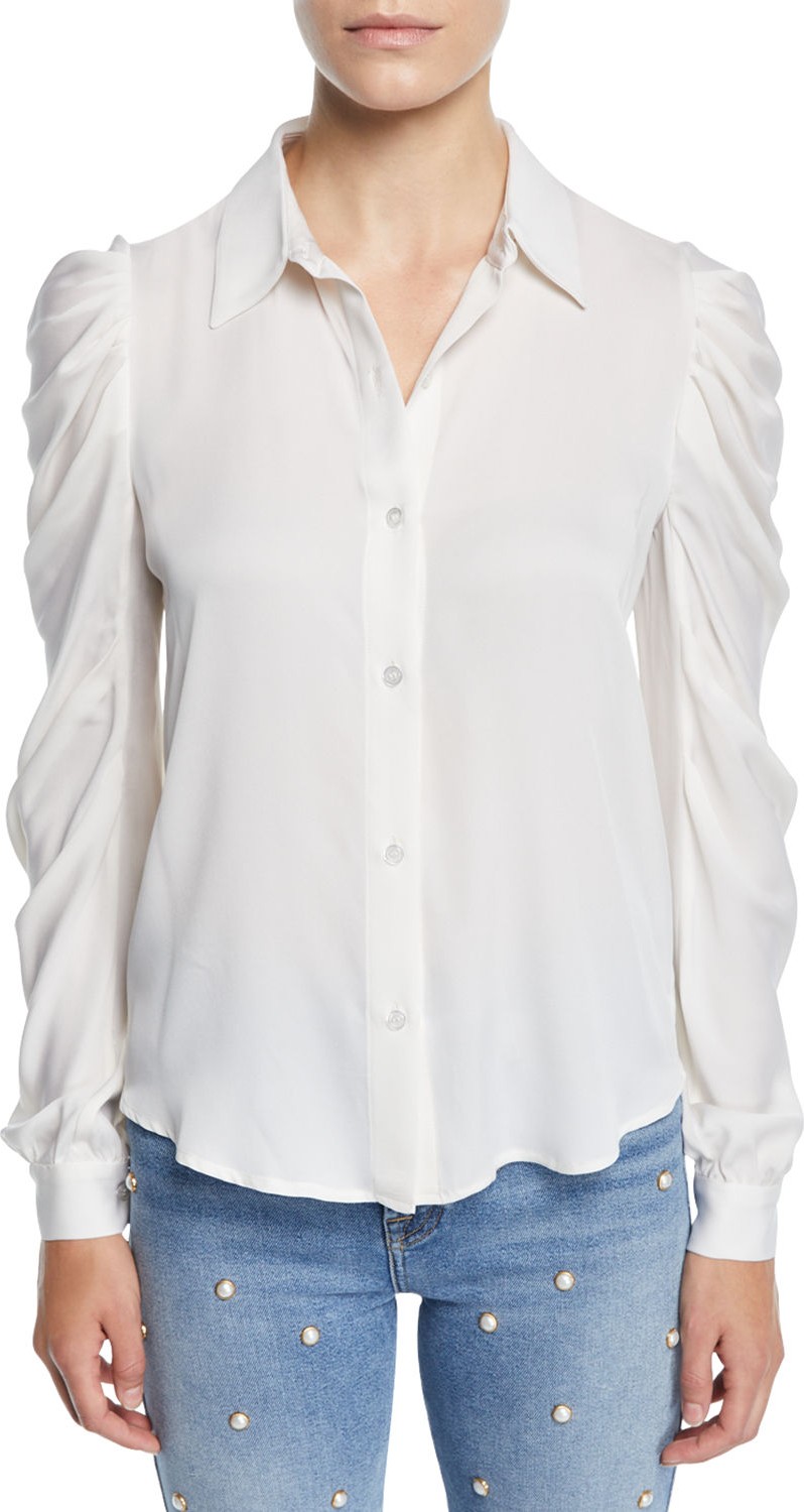MILLY Charlie Ruched-Sleeve Silk Top