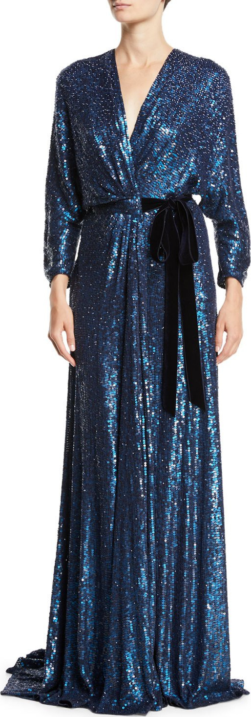 Jenny Packham V-Neck Long-Sleeve Tie-Front Allover Sequin Evening Gown