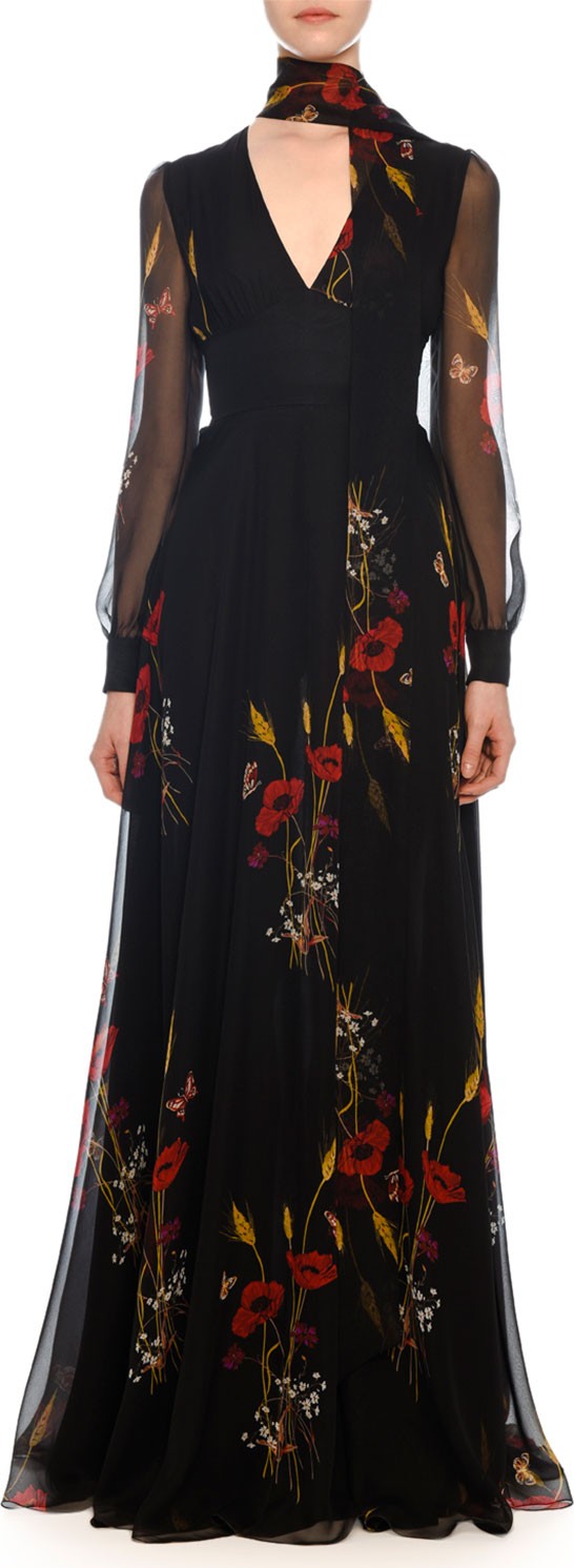 Valentino V-Neck Long-Sleeve Floral-Meadow Print Chiffon Evening Gown