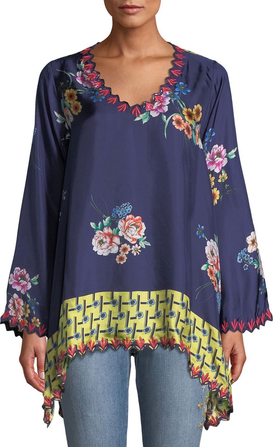 Johnny Was Dinah Silk Twill Floral-Print Long-Sleeve Blouse w/ Embroidered Trim