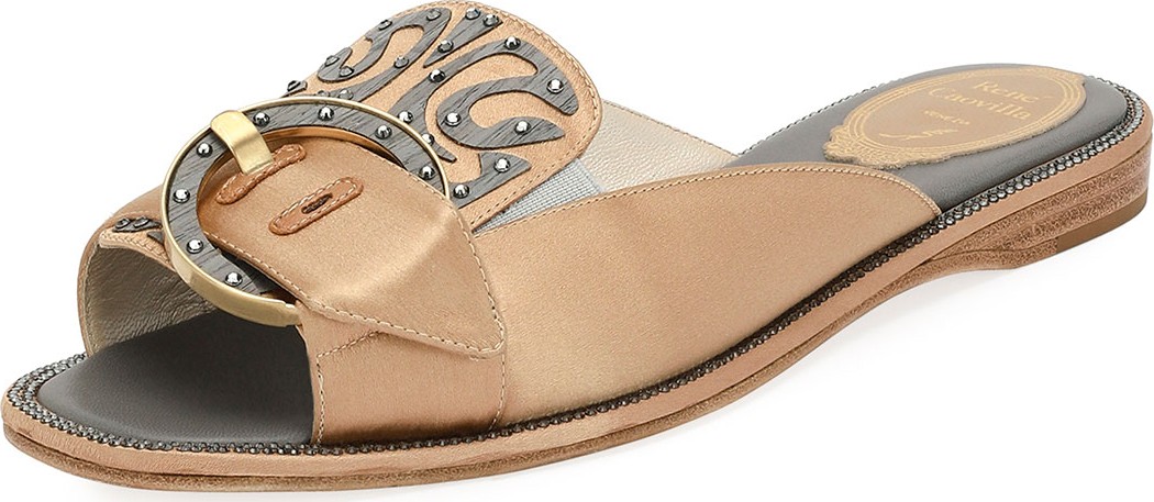 Rene Caovilla Satin and Wood Flat Slide Sandal