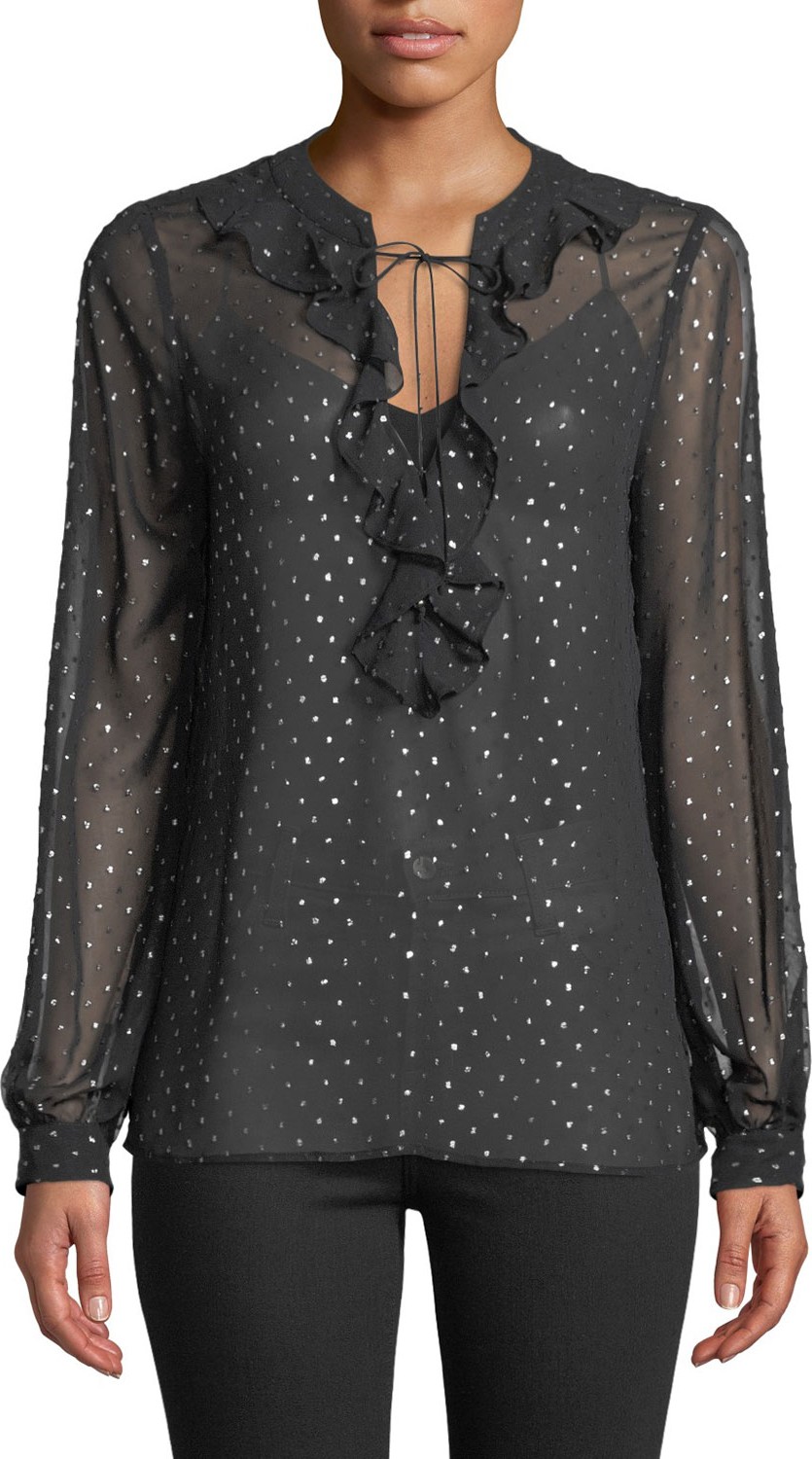 PAIGE Marcella Ruffle Long-Sleeve Metallic Blouse
