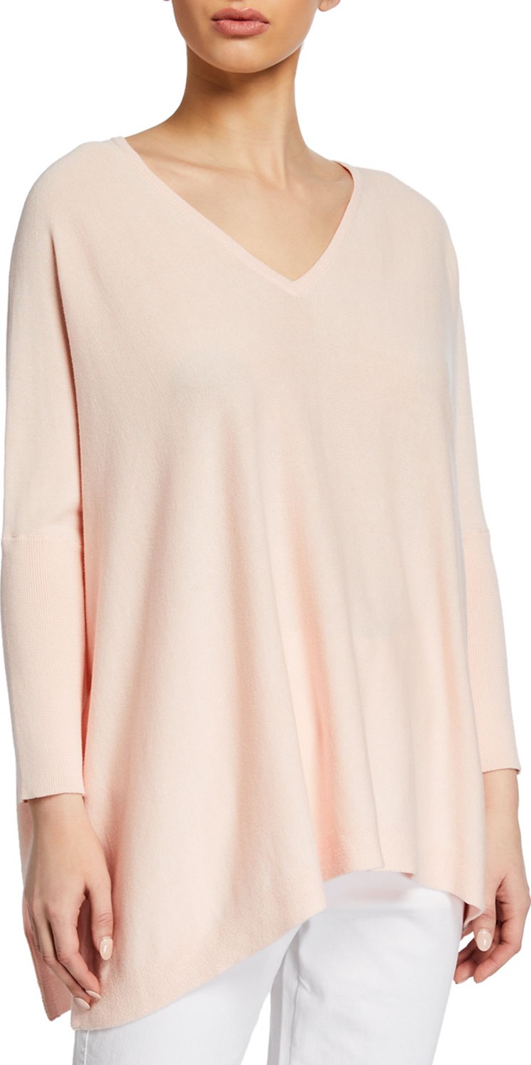 Joan Vass Oversized V-Neck Ribbed-Sleeve Cotton Sweater