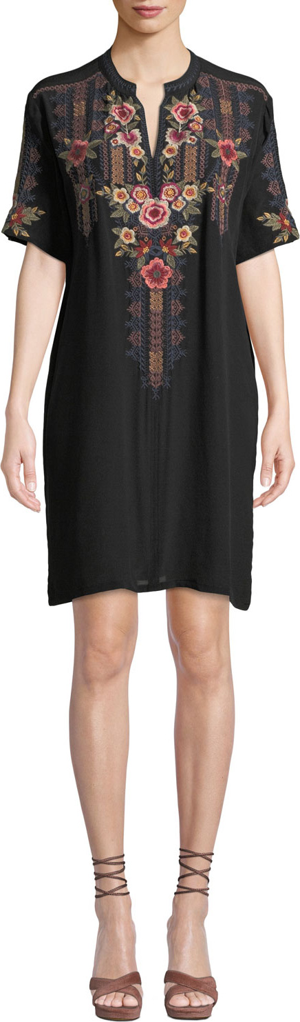 Johnny Was Allah Short-Sleeve Embroidered Silk Shift Dress