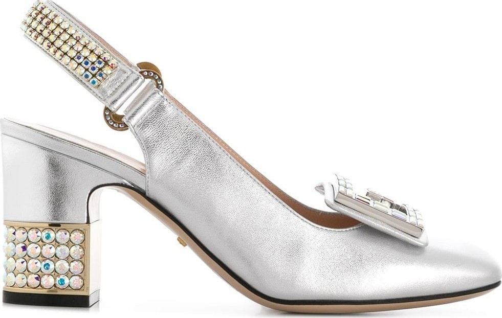 Gucci Leather mid-heel slingback pump with crystal G