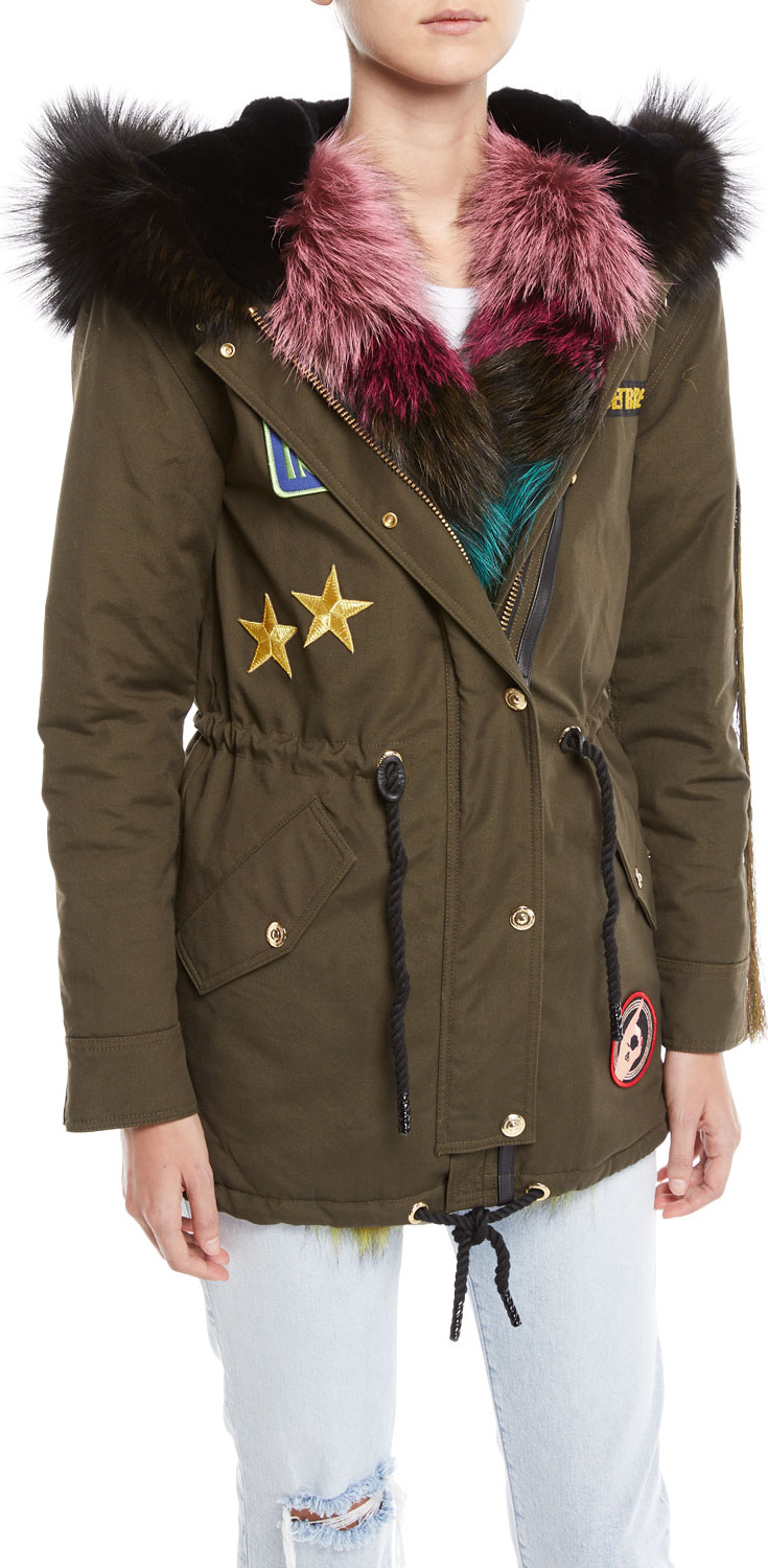 Moose Knuckles Superfreak Hooded Parka Coat w/ Fur Trim & Patches