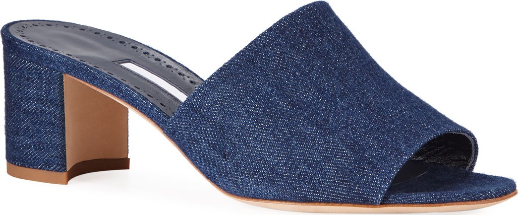 Manolo Blahnik Rapallato Block-Heel Denim Slide Sandals