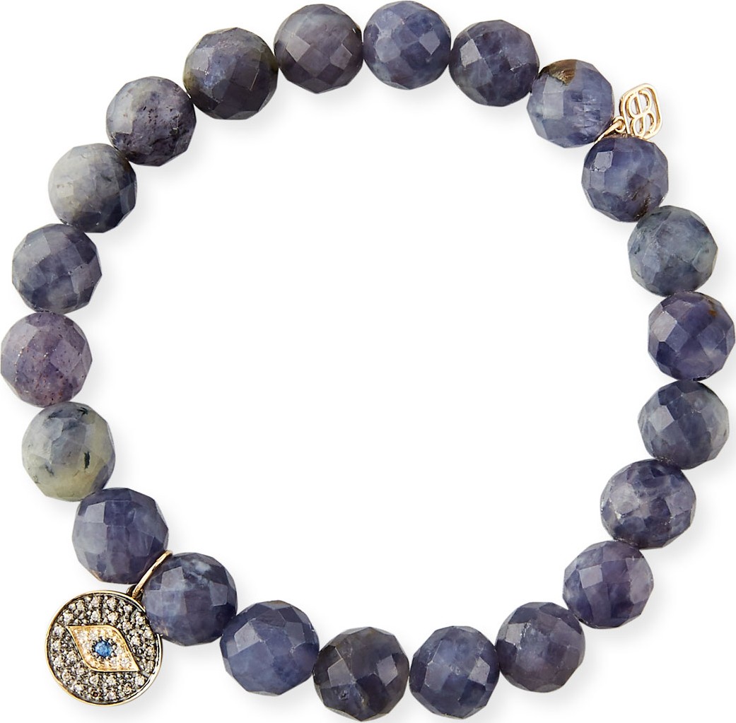 Sydney Evan 8mm Beaded Iolite Bracelet with Diamond Eye Disc Charm