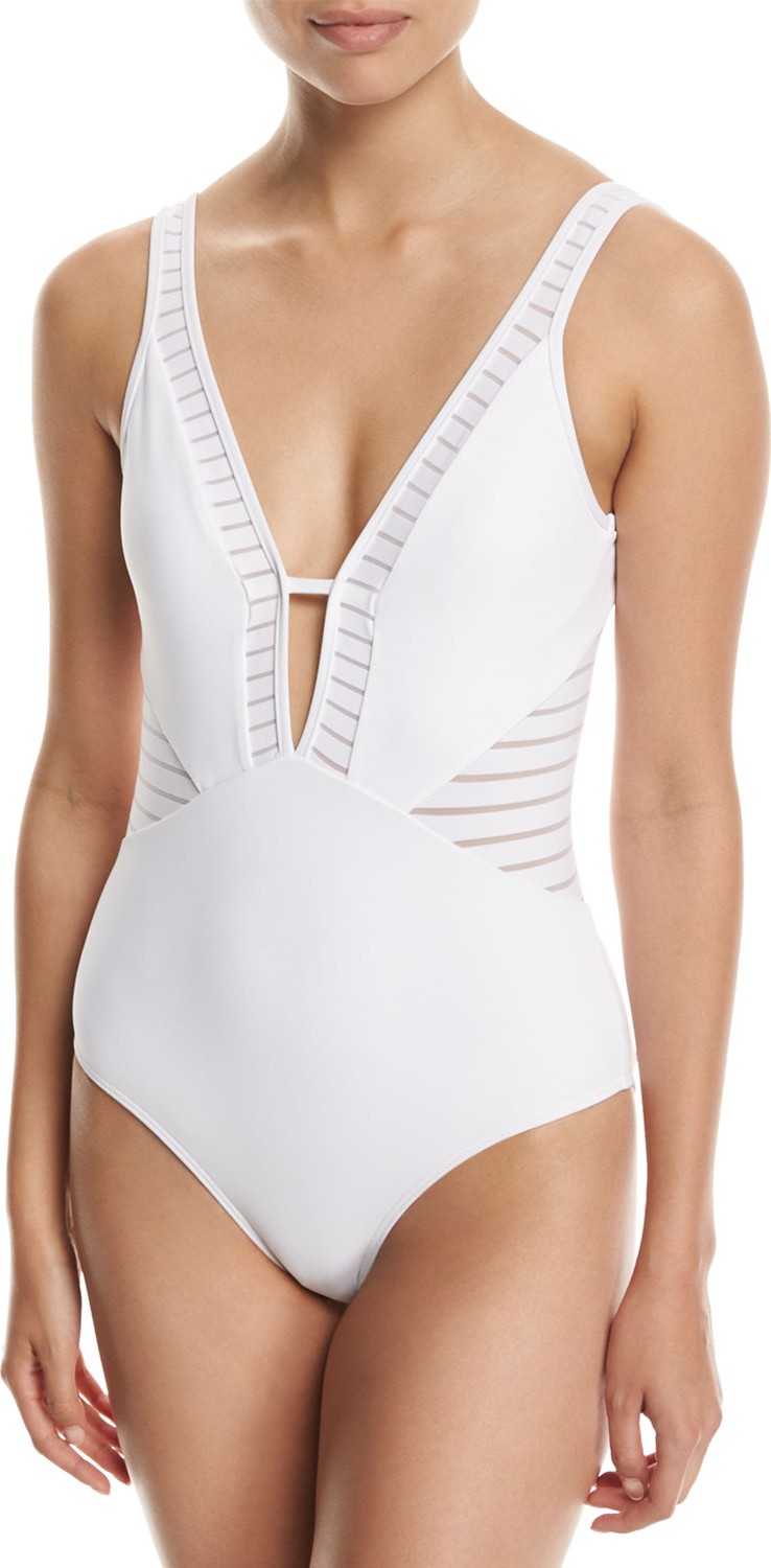 JETS by Jessika Allen Parallels Plunge V-Neck One-Piece Swimsuit, White