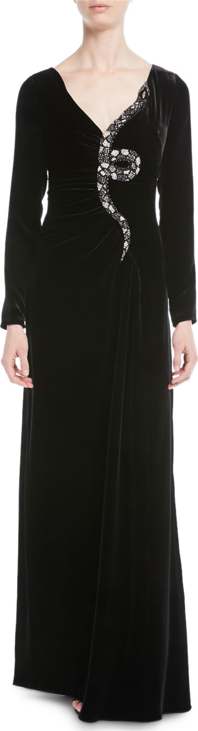 Valentino Long-Sleeve Velvet Gown w/ Embellished Snake