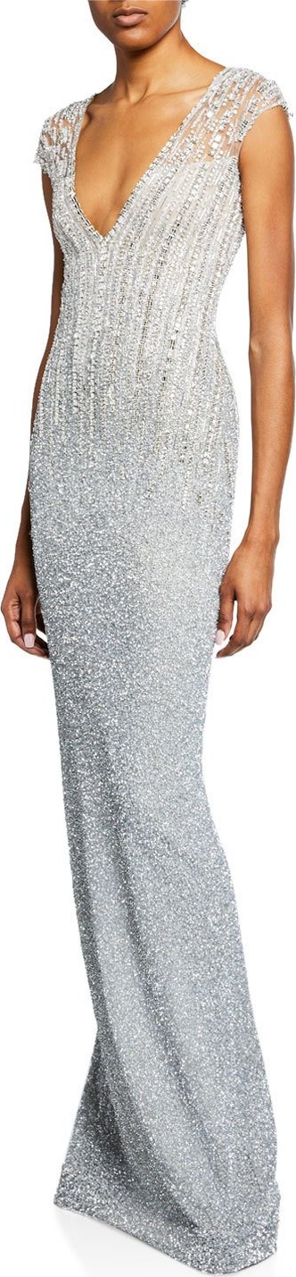 Pamella Roland Ombre Sequined V-Neck Gown
