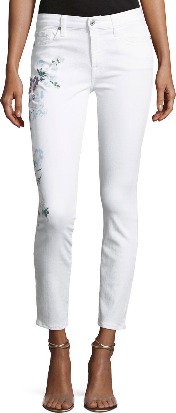 7 For All Mankind Skinny Ankle Jeans with Hand-Painted Floral