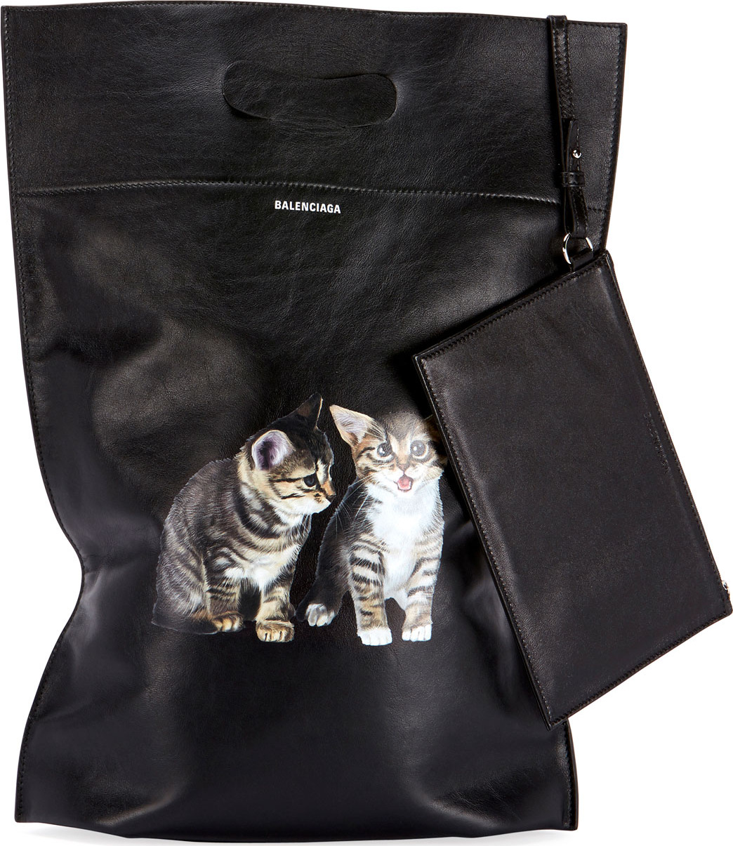 Balenciaga Plast Small Leather Shopper Tote Bag with Kitten Animal Graphic