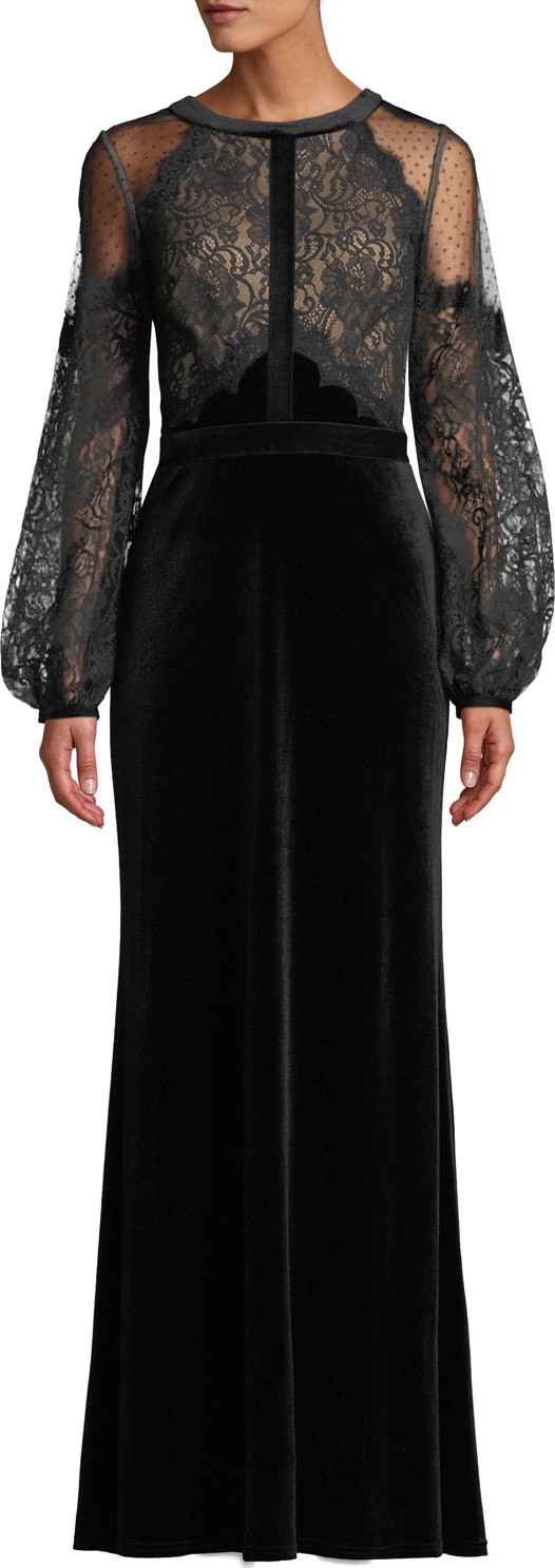 Tadashi Shoji Halter-Illusion Long-Sleeve Lace & Velvet Gown