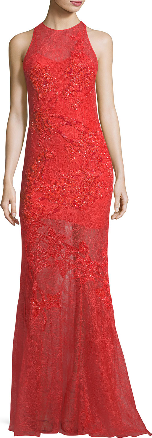 Jonathan Simkhai Sleeveless Sequined Lace Asymmetric Gown