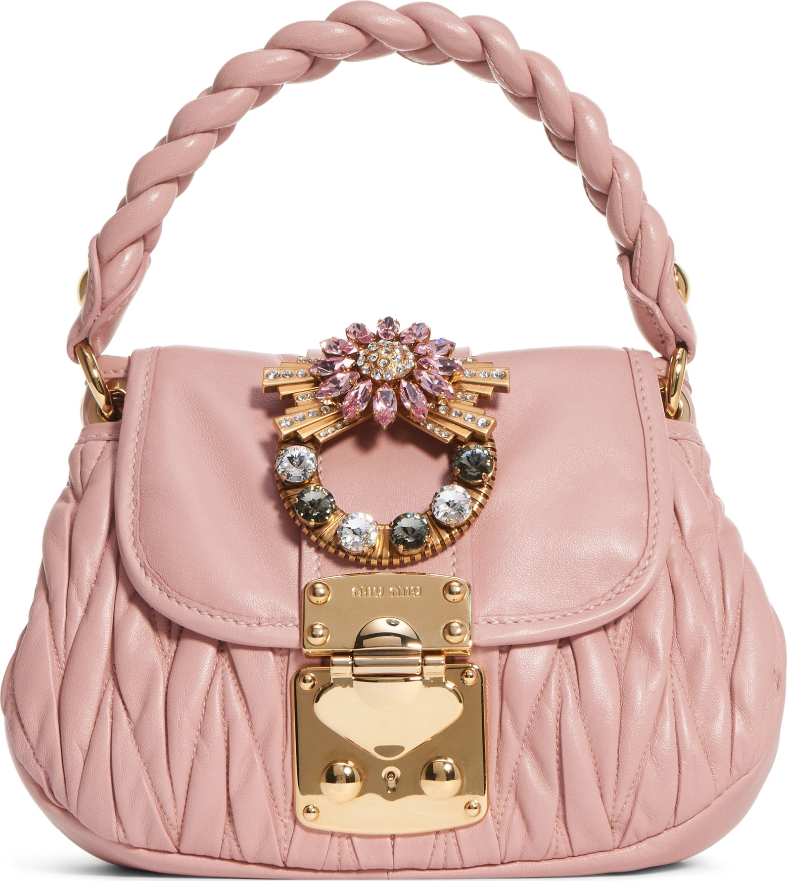 Miu Miu Crystal Embellished Matelassé Leather Satchel