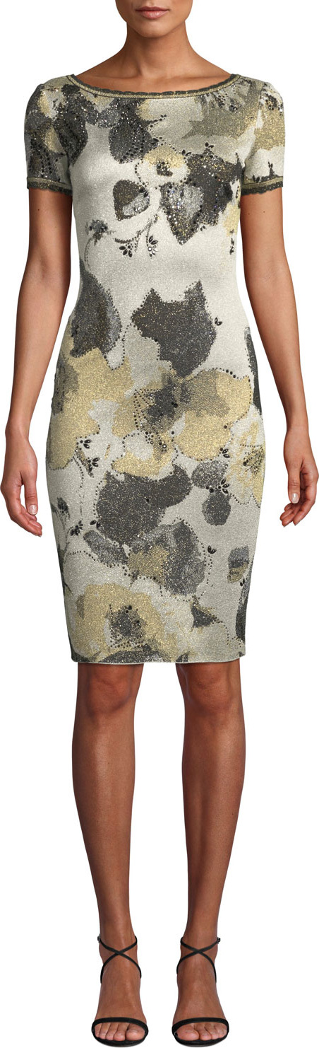 St. John Gold-Leaf Jacquard Short-Sleeve Sheath Dress