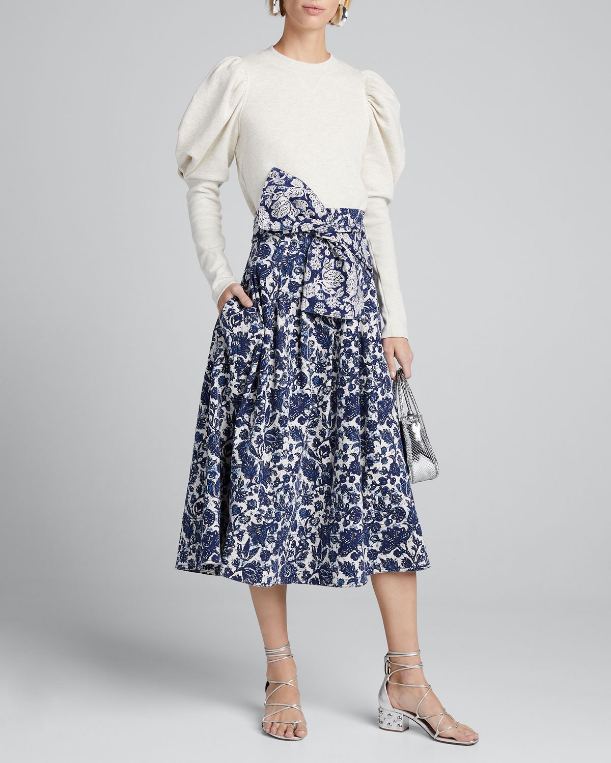 Ulla Johnson Virgil Printed Denim Pleated Skirt w/ Bow