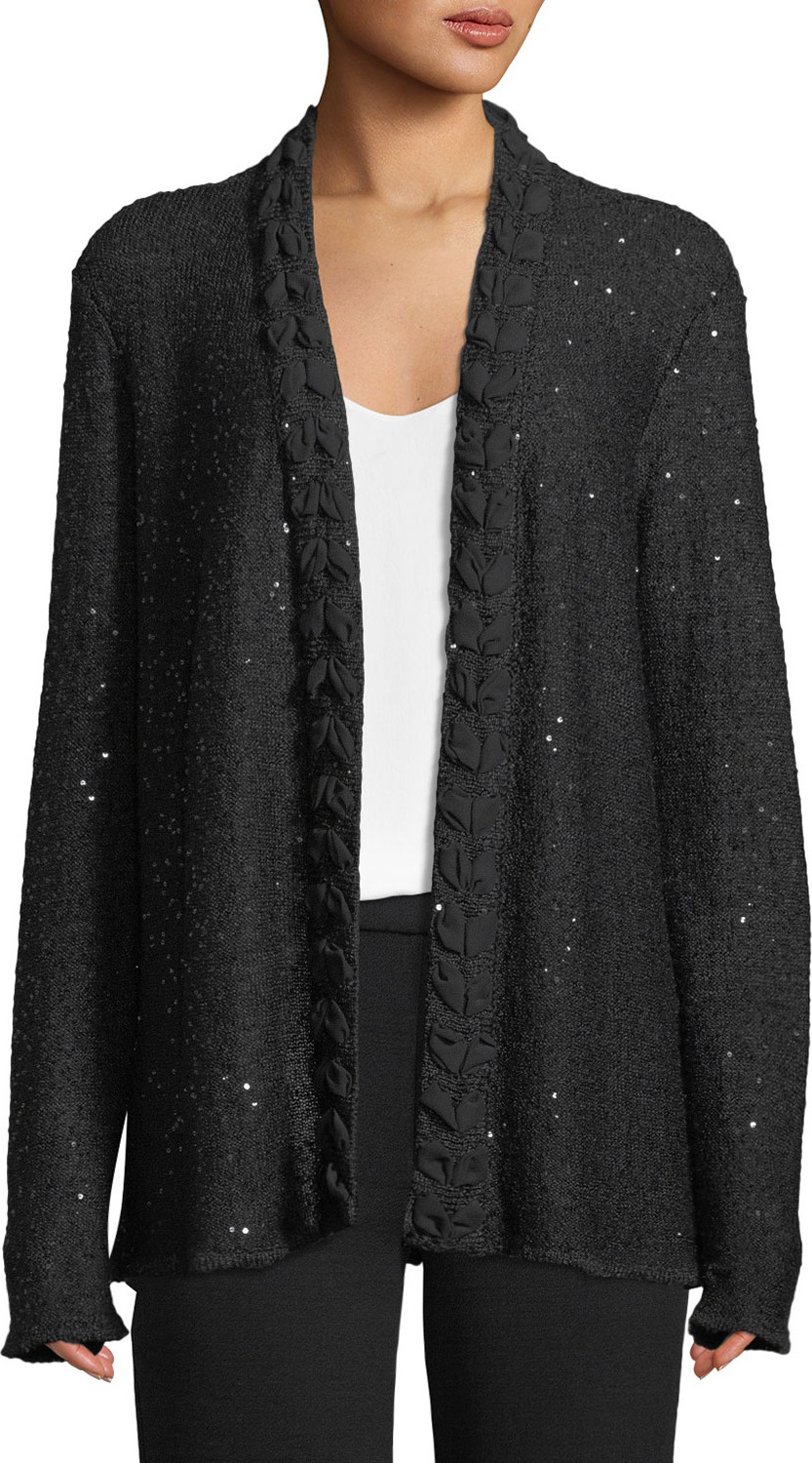 Emporio Armani Open-Front Sequin Knit Cardigan w/ Silk Georgette Trim