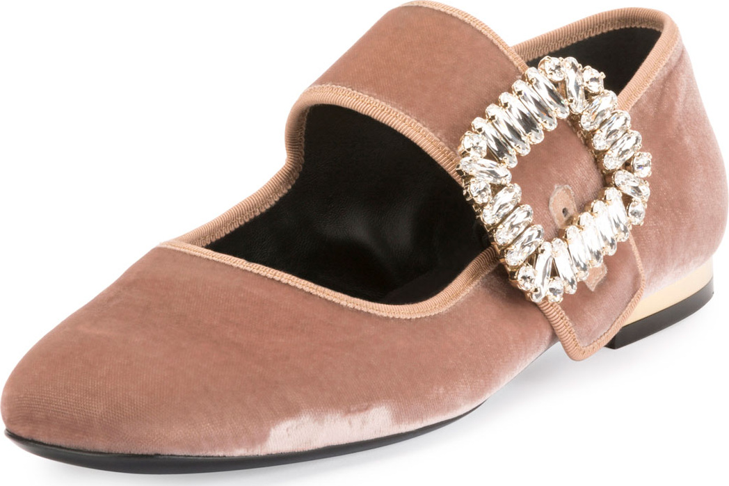 Roger Vivier Crystal-Buckle Velvet Mary Jane Flat