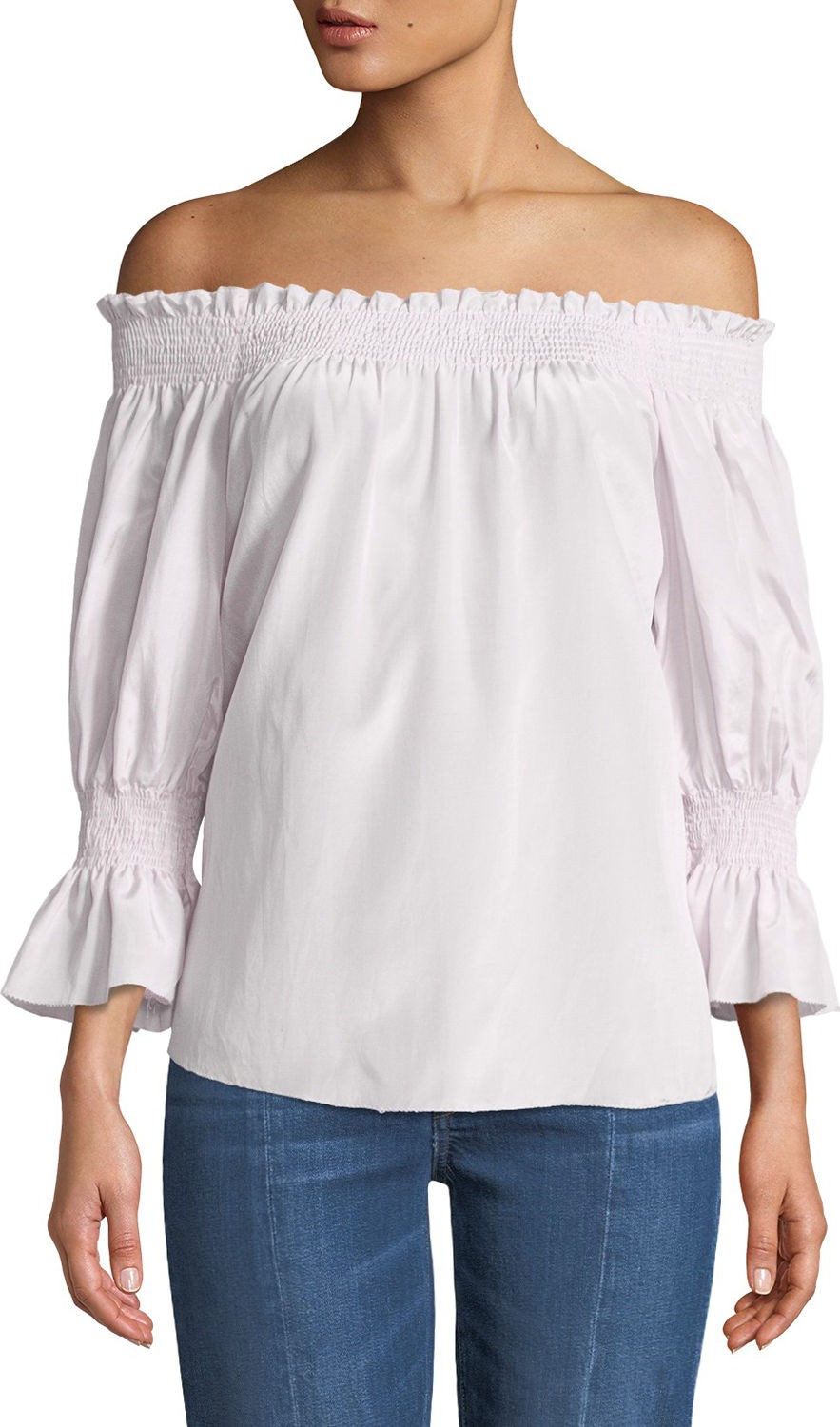 7 For All Mankind Smocked Silk/Cotton Off-the-Shoulder Top