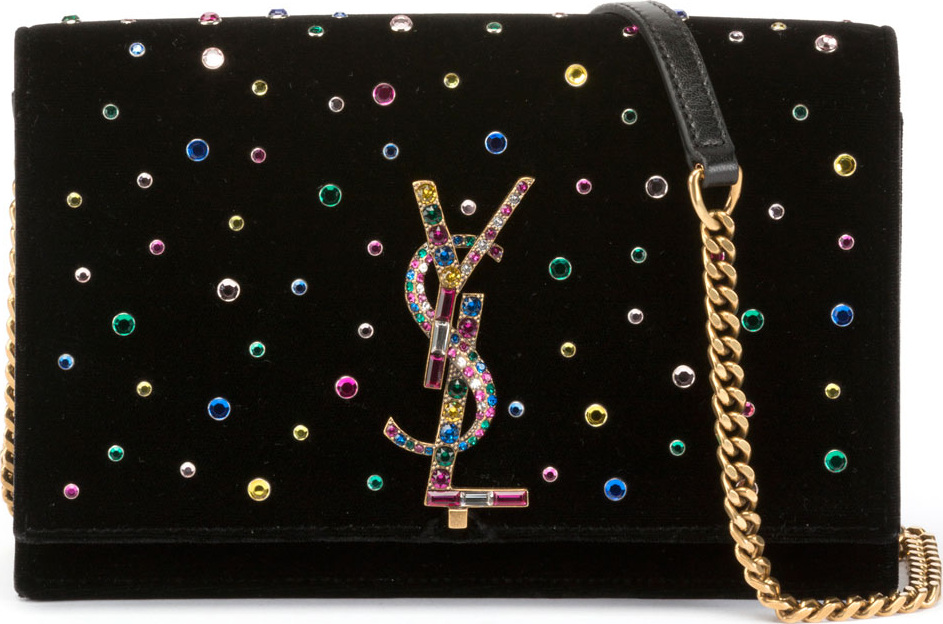 Saint Laurent Kate Jeweled Velvet Small Wallet on Chain