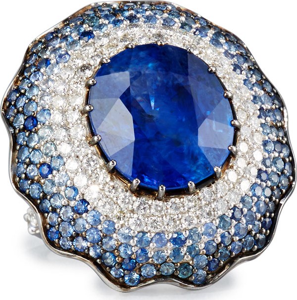 Alexander Laut 18K White Gold Round Blue Sapphire Ring with Diamonds