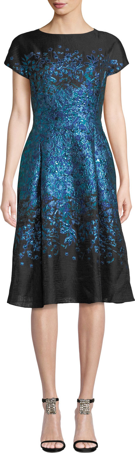 Rickie Freeman for Teri Jon Metallic Jacquard Dress w/ Full Skirt