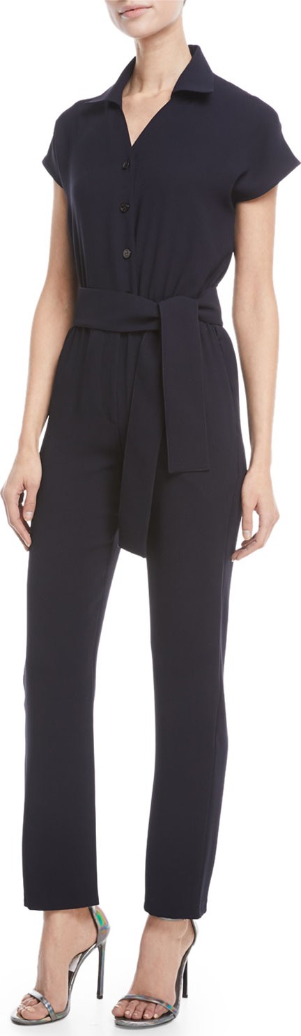 Carolina Ritzler Crisscross Open-Back Short-Sleeve Straight-Leg Crepe Jumpsuit