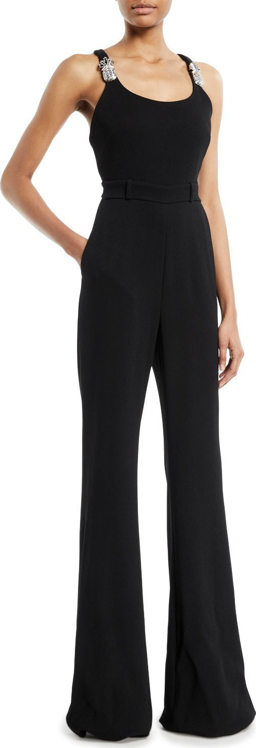 Brandon Maxwell Scoop-Neck Thin-Strap Flared-Leg Jumpsuit w/ Pineapple Crystal-Embellished