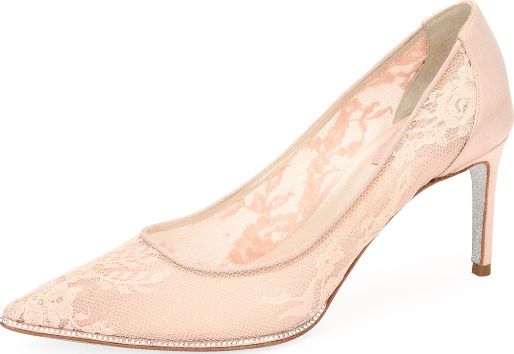 Rene Caovilla Grace Lace-Mesh Satin Pumps, Beige
