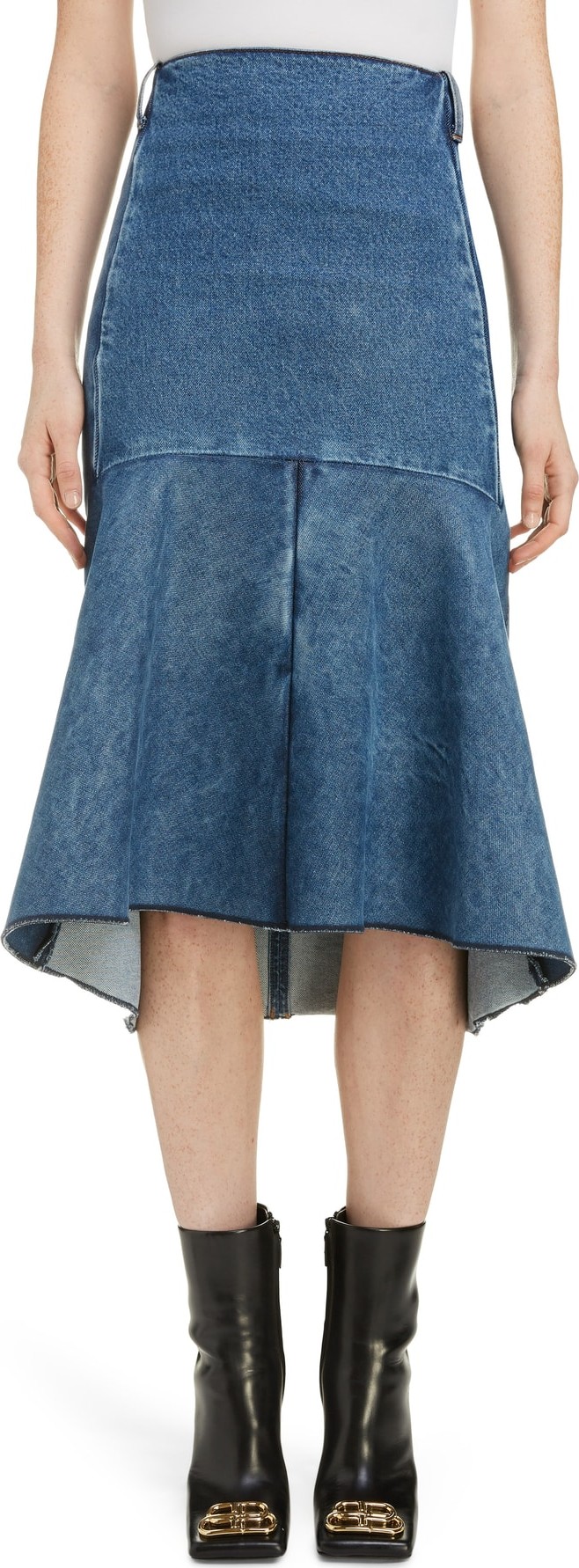 Balenciaga 3D Molded Flare Hem Denim Midi Skirt