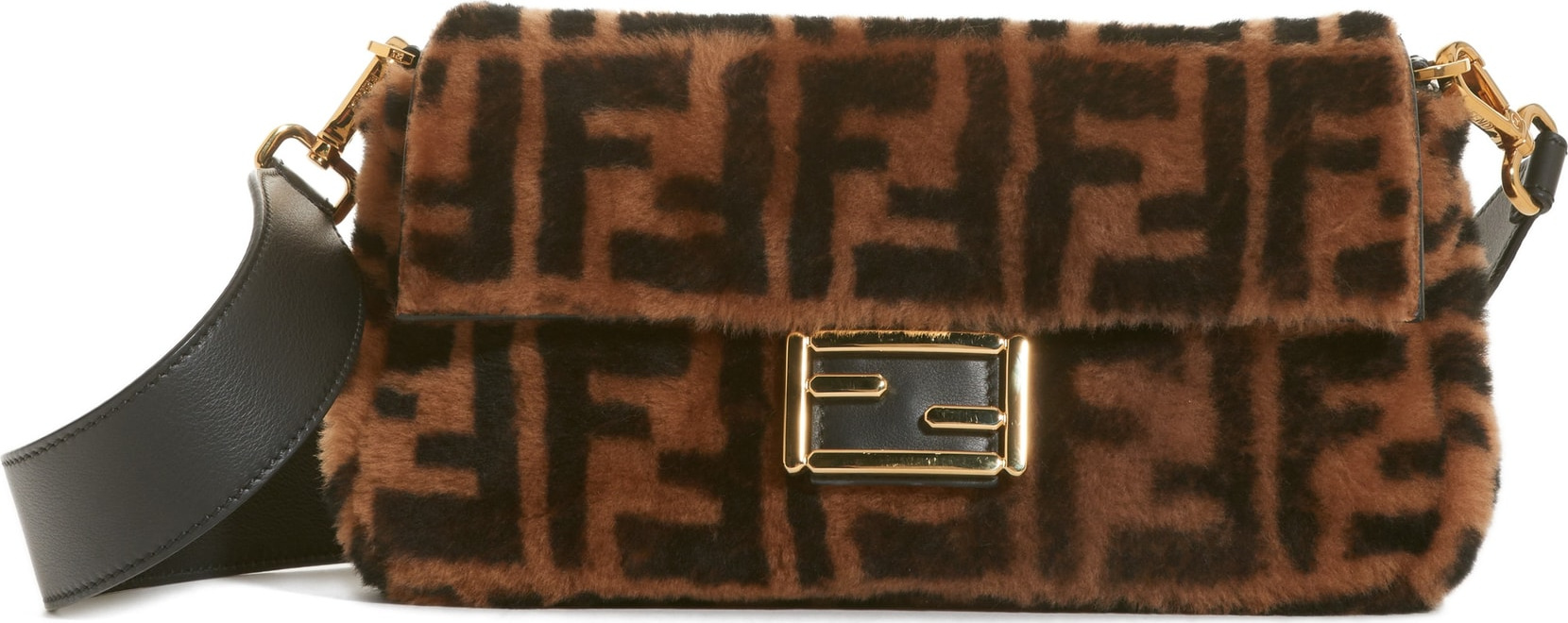 Fendi Macro Logo Print Genuine Shearling Baguette