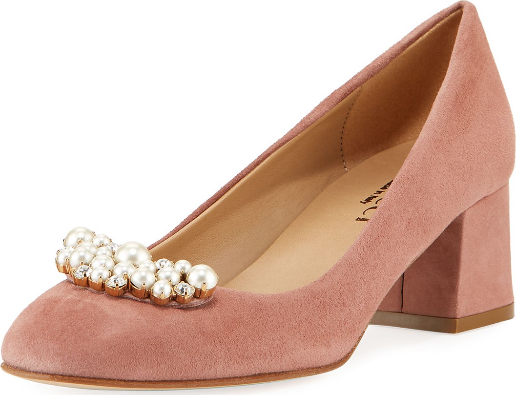 Sesto Meucci Mindy Low-Heel Pearly Ornament Pumps, Antique Rose
