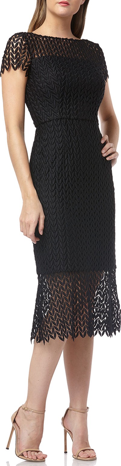 Kay Unger Boat-Neck Short-Sleeve Textured Lace Sheath Dress w/ Flounce Hem