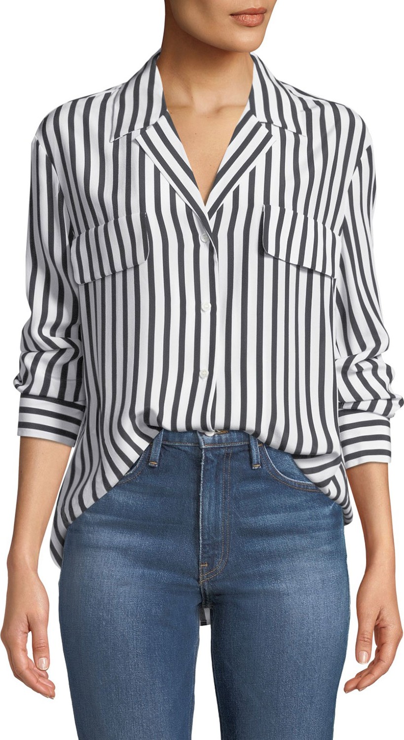 FRAME DENIM Striped Silk Button-Front Long-Sleeve Top