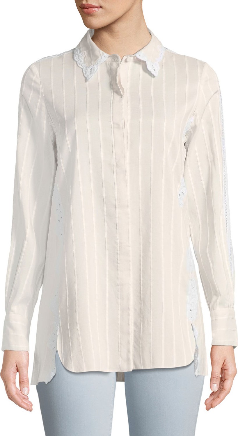 Jonathan Simkhai Tonal-Striped Button-Down Cotton-Silk Shirt w/ Eyelet Lace