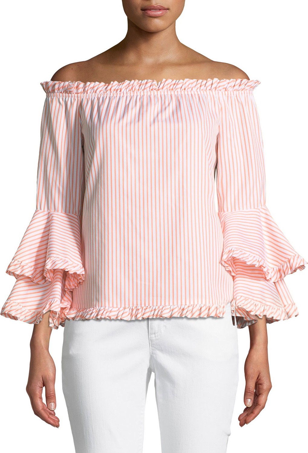 Caroline Constas Tina Striped Off-the-Shoulder Tiered-Sleeve Top