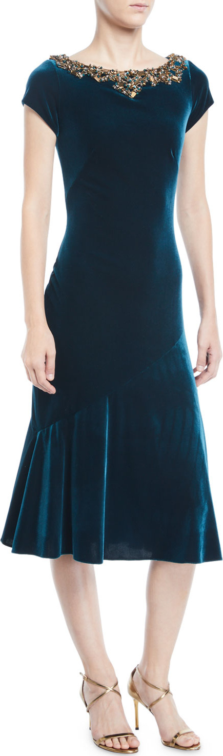 Theia Velvet Beaded-Neck Short-Sleeve Dress