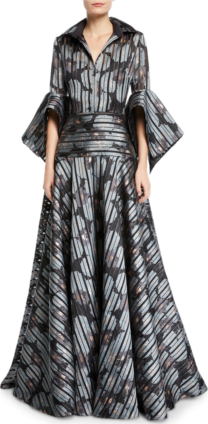 Badgley Mischka Striped Floral Shirtdress Gown