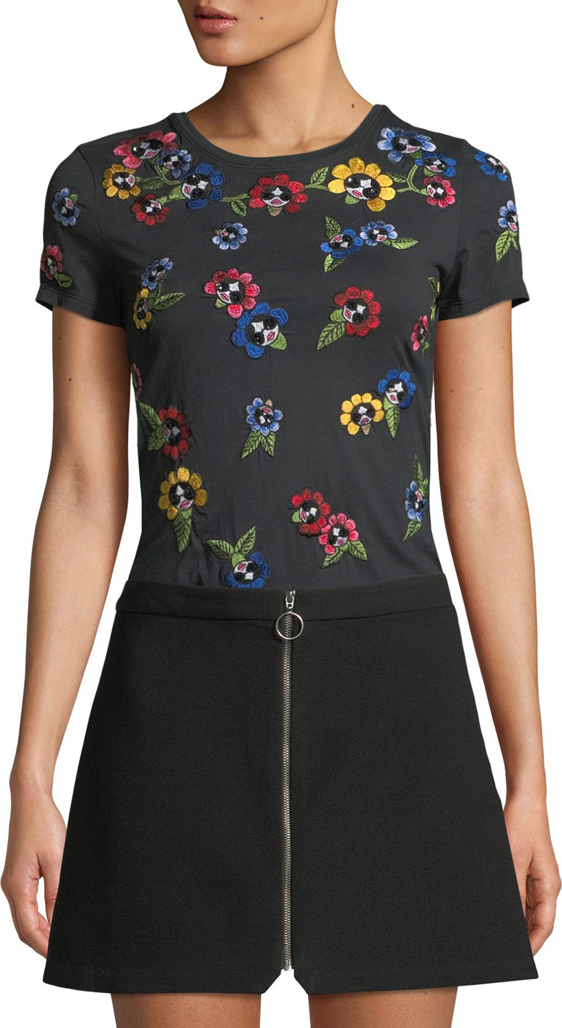 Alice + Olivia Rylyn Embroidered Short-Sleeve Crewneck Tee