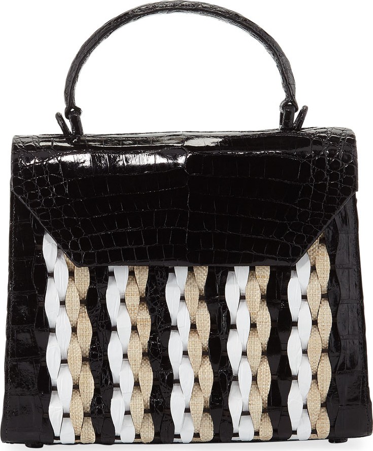 Nancy Gonzalez Lily Medium Woven Straw/Crocodile Top-Handle Bag